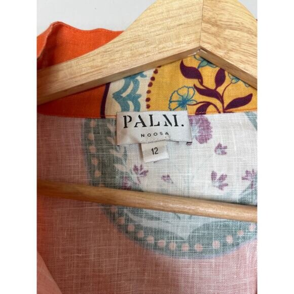 NEW Palm Noosa Austin Linen Long Balloon Sleeve Mini Dress Orange Plates Size:12 - Picture 4 of 7